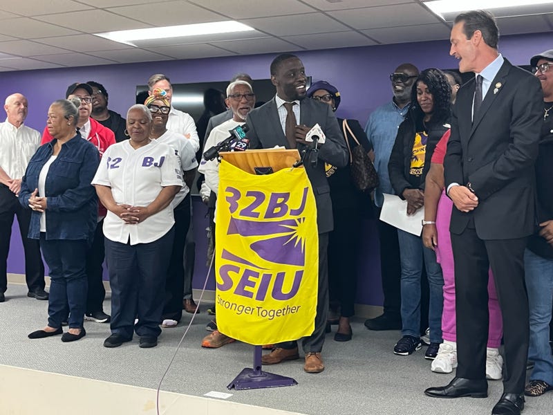 Councilmember Isaiah Thomas joins SEIU 32BJ leaders and security workers calling for legislation for more training.