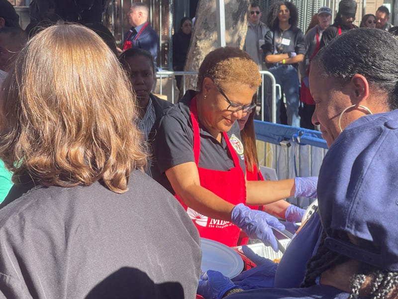 Mayor Karen Bass was among those helping to serve food on Skid Row on Wednesday. 