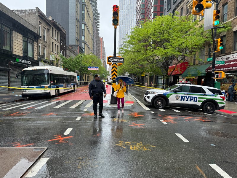 Police closed down streets in Boerum Hill while investigating an incident Sunday afternoon in which a woman was struck by an oncoming B41 bus just after getting off another bus.