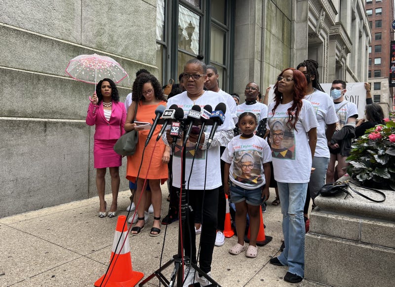 Colette Seymour speaks at a press conference outside Chicago City Hall on Thursday, about three weeks after her daughter, Taylor Casey, went missing in the Bahamas.