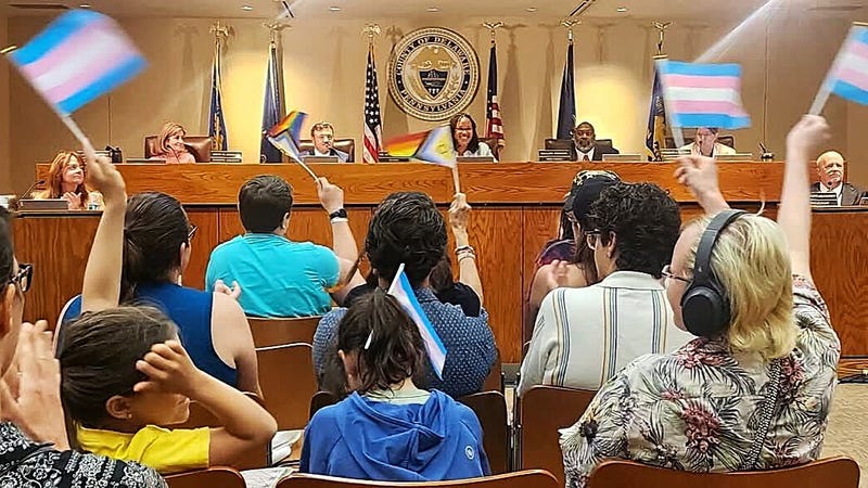 Observers in Delaware County Council chambers wave pride flags as council members look on after approving a resolution to designate the county a safe haven.