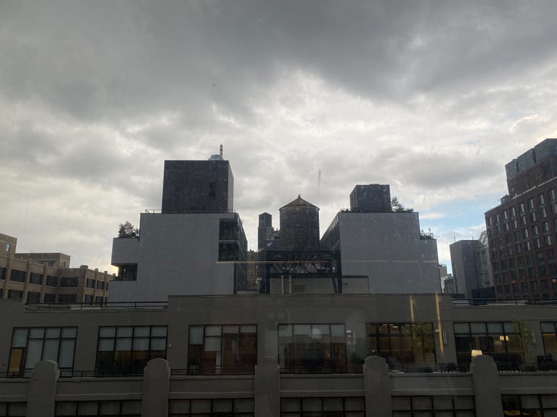 A threatening-looking sky hangs over the Hudson Square neighborhood of Manhattan on Sept. 11, 2023.