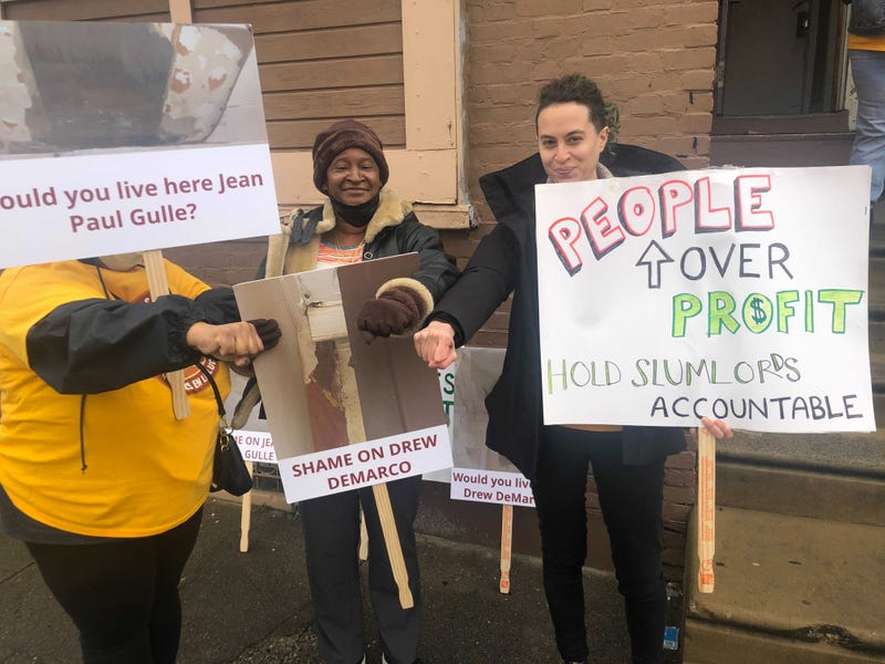 Protesters supporting Sherice Bradham, who says the landlords of her North Philadelphia home have shut her water off in an effort to evict her.
