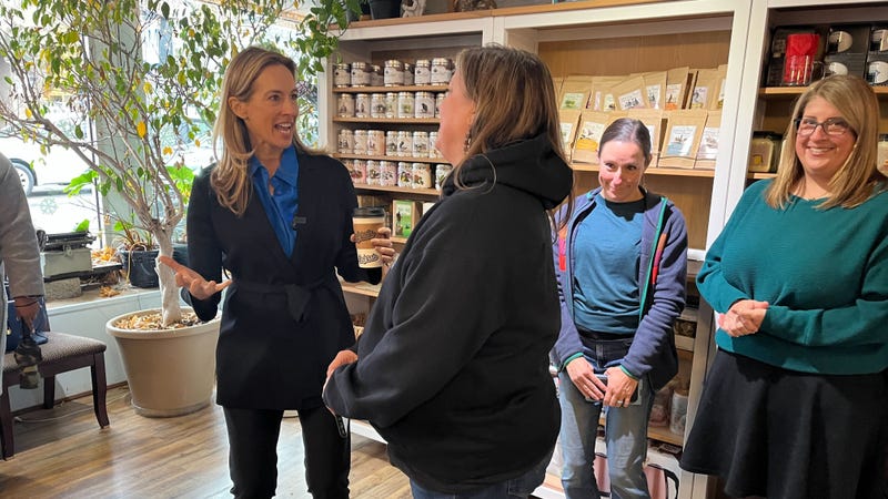 Gov.-elect Mikie Sherrill (left) visits Words Matter in Pitman, N.J. and talks to owner Keryl Hausmann.