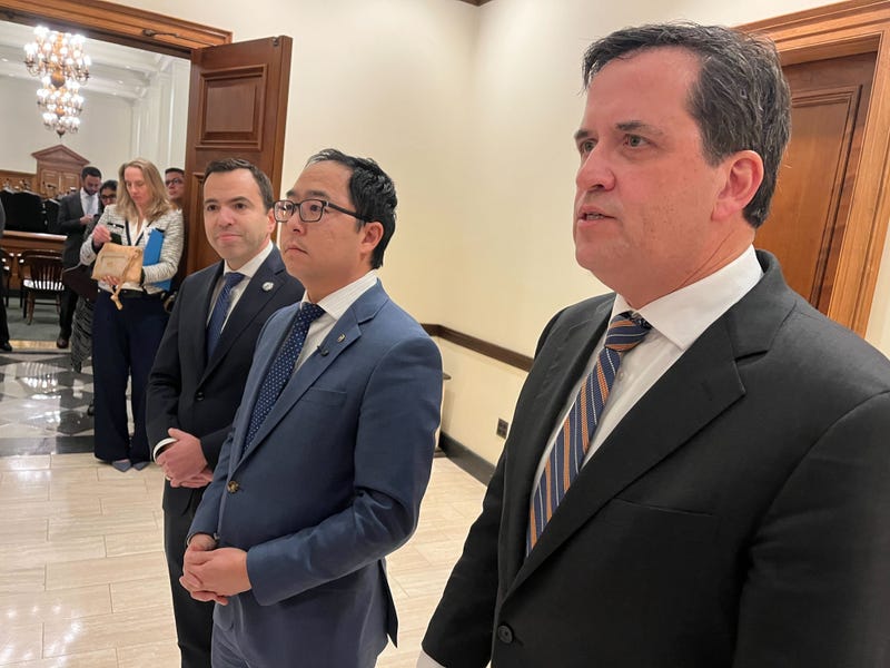 From left: Attorney General Matt Platkin, Sen. Andy Kim, and Acting Comptroller Kevin Walsh speak out against the proposed bill ahead of a committee meeting on Monday, Dec. 1, 2025.