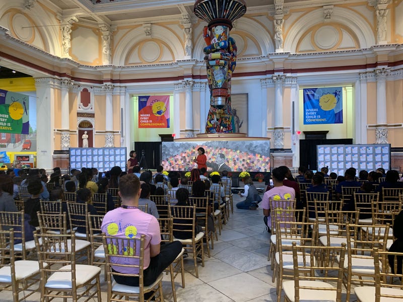 Democrat Cherelle Parker addresses a room full of grade-schoolers at the please Touch Museum.