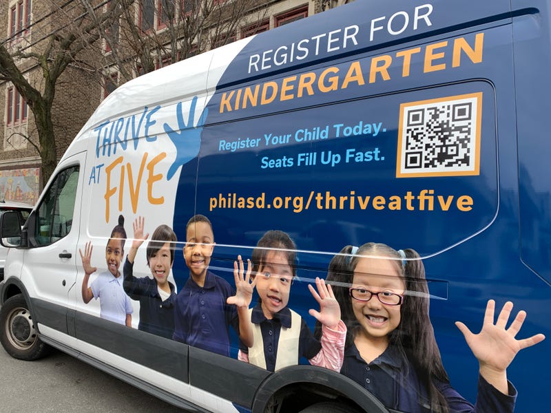 The School District of Philadelphia has a van traveling around the city with a QR code that will link parents to the "Thrive at Five" kindergarten registration site.