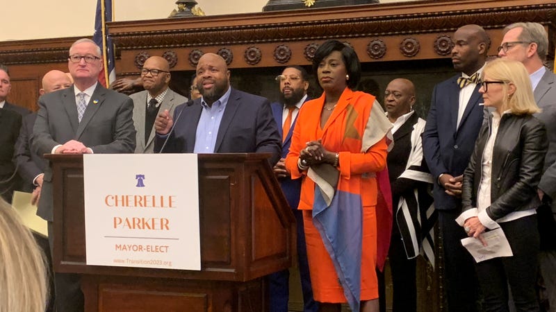 Mayor-elect Cherelle Parker (center-right) introduces her transition team, headed by Building Trades leader Ryan Boyer (center-left), at a City Hall news conference on Thursday.