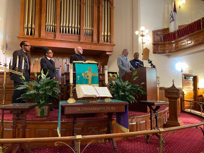 From left: Bishop J. Louis Felton with Mt. Airy Church of God in Christ; Rev. Carolyn Cavaness with Mother Bethel AME Church; Rafael Alvarez Febo with Esperanza; Pennsylvania state Sen. Art Haywood; and Rev. Greg Holston, an elder with the United Methodist Church, speak at Mother Bethel AME on Jan. 23, 2025, denouncing Trump's rollback of DEI programs.
