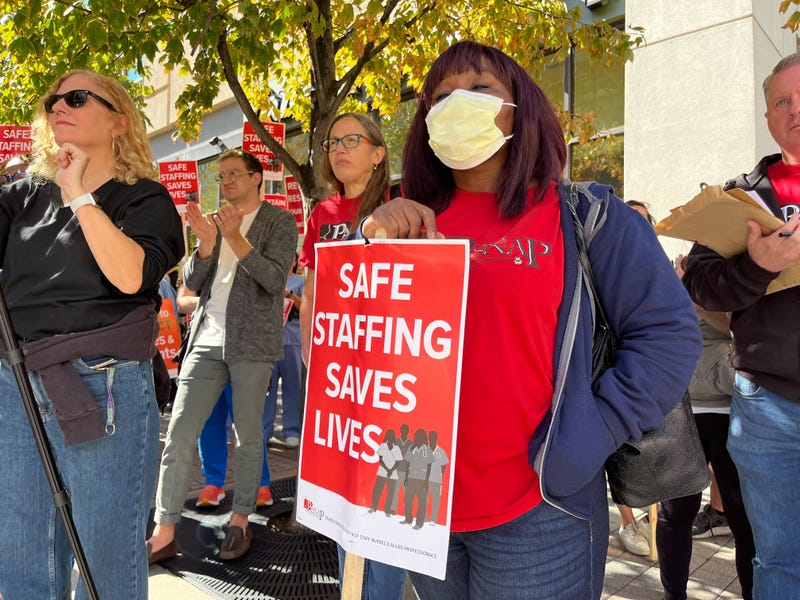 A member of a Temple University Health union asking for a better staffing level of nurses as part of their labor negotiations.