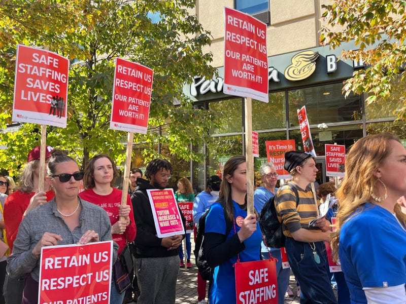 Picketers in support of Temple University Hospital nursing union members in labor negotiations with the hospital.