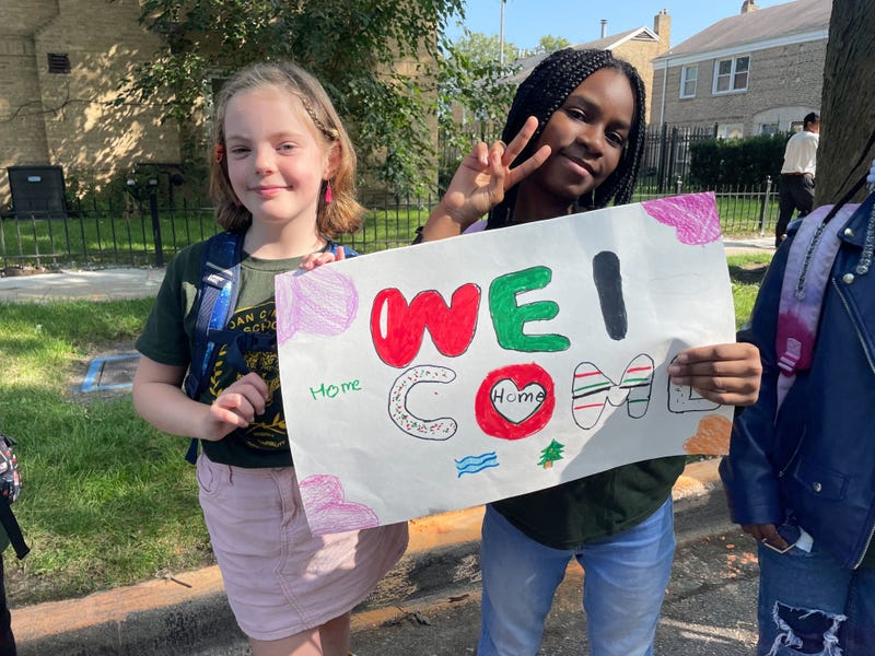 Little Amal, a 12-foot-tall puppet that represents a 10-year-old Syrian refugee, visited Jordan Community Elementary School in Rogers Park Friday afternoon.