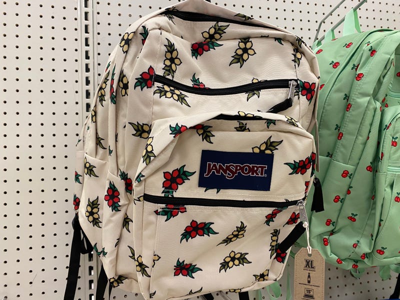 JanSport Tattoo Blossom backpack hanging on shelf at Target