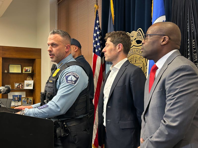 Minneapolis Police Chief Brian O'Hara (left) and Mayor Jacob Frey (center) announcing the arrest of a suspect in a deadly shooting Tuesday night.