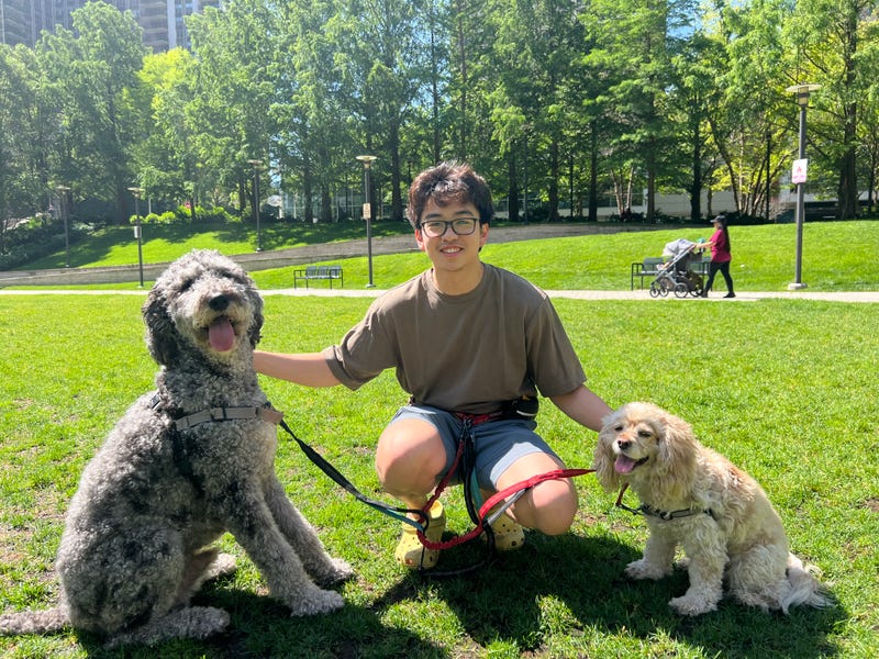 Chicago resident Gabriel Sindac poses for a photo in Lakeshore East with his dogs Monty and Poe. He was one of many Chicagoans braving the extreme heat Monday morning. 