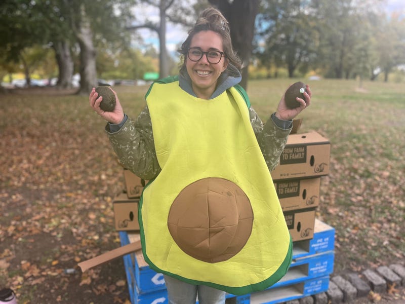Alex Havertine, holding avocados while in an avocado suit.