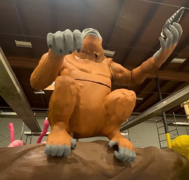 A Rose Parade float, in progress.