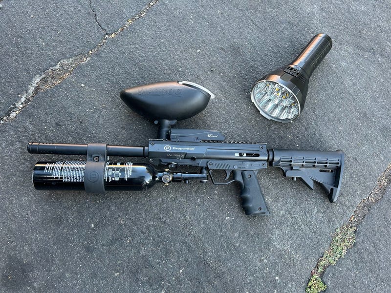 The flashlight and pepperball gun Julian Haper-Smith used on the would-be burglars.