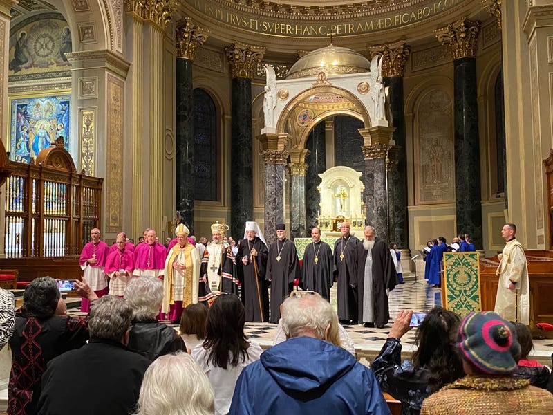 More than 100 people filled the Cathedral Basilica of Saints Peter and Paul, where Sviatoslav Shevchuk, head of the Ukrainian Greek Catholic Church, led the homily and prayed for peace in his home country.