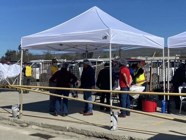Farmworkers await a vaccine on Sunday.