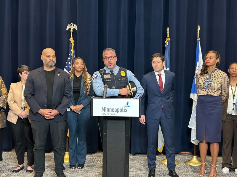 Minneapolis city leaders including Police Chief Brian O'Hara (center) and Mayor Jacob Frey (right) lay out their plans to continue police reform following the killing of George Floyd despite the federal consent decree going away.