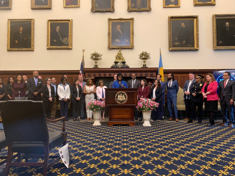 Mayor Cherelle Parker speaking at the podium.
