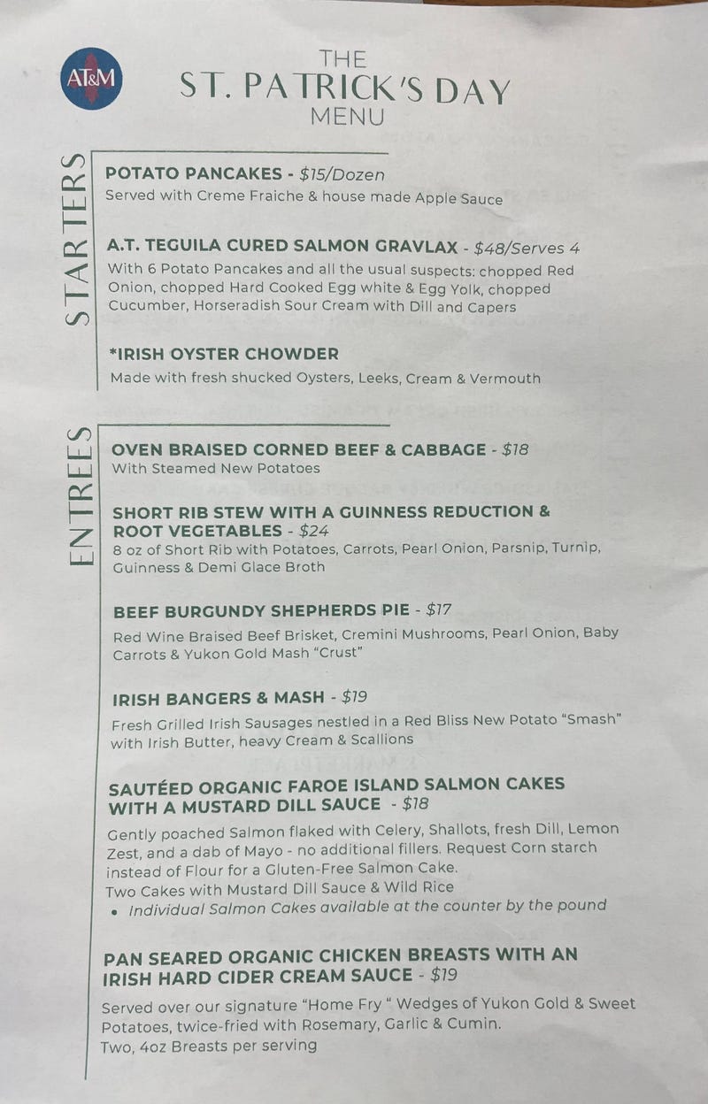 St. Patrick's Day Menu at Ani's Table