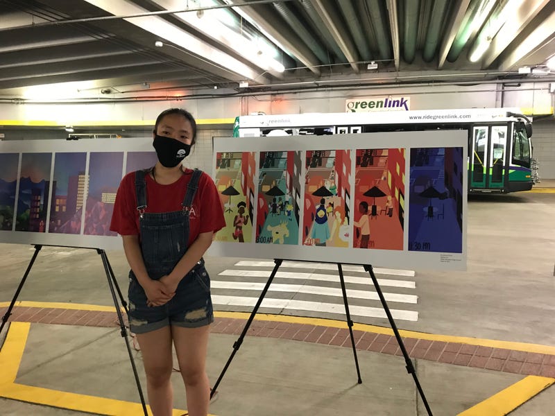 Sophia Lin with her artwork, Downtown Daily