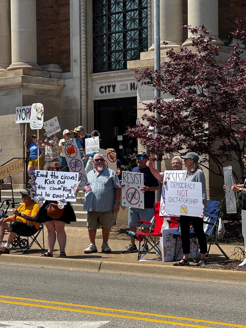 Protestors gather in front of Holland City Hall during a No Kings protest in June 2025