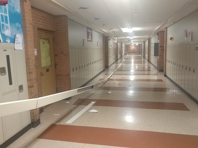 George Washington High School hallway with ceiling partially collapsed