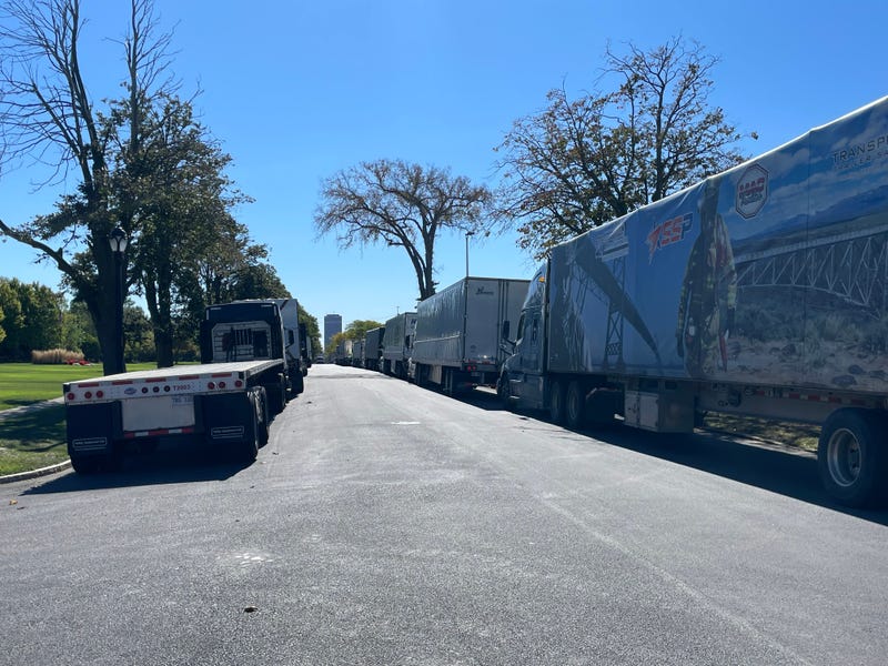 Tractor trailers line up down Busti Avenue