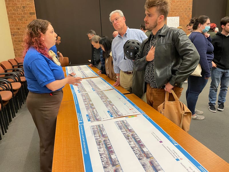 Philadelphia transportation officials unveiled some of the changes the city is considering to make Spruce and Pine streets safer for bicyclists.