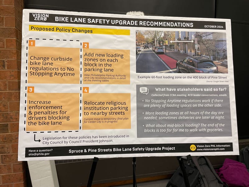 Philadelphia transportation officials unveiled some of the changes the city is considering to make Spruce and Pine streets safer for bicyclists.