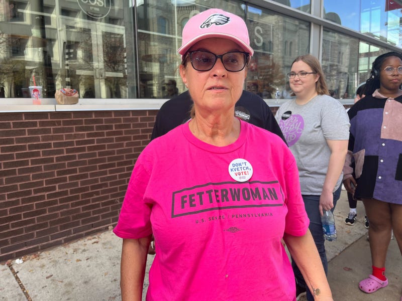 A voter in line to see President Joe Biden, former President Barack Obama, Democratic U.S. Senate candidate John Fetterman and gubernatorial candidate Josh Shapiro at Temple University on Saturday.