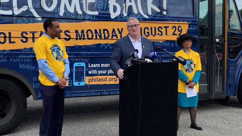 Philadelphia Schools Superintendent Tony Watlington, Mayor Jim Kenney at a back-to-school event at Northeast High School on Friday.
