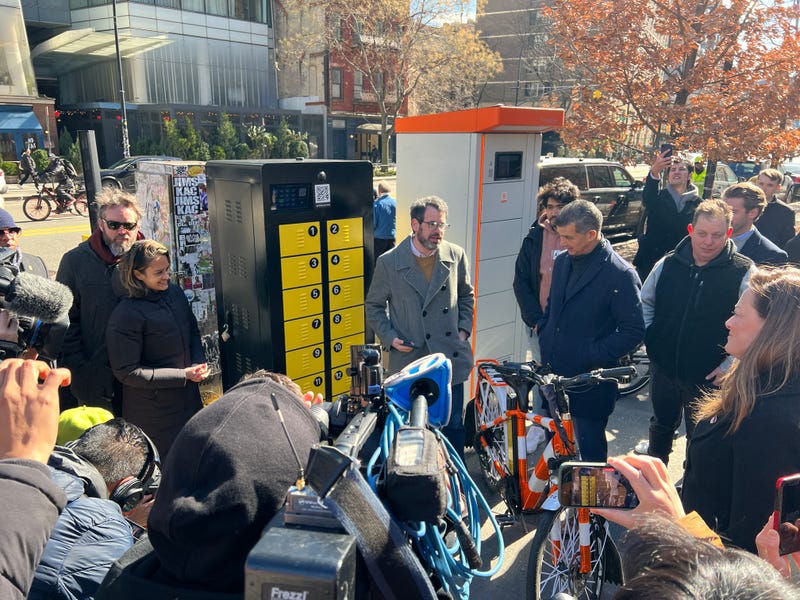 Officials announce the opening of NYC's first public e-bike charging station in Manhattan's East Village on Feb. 29, 2024.