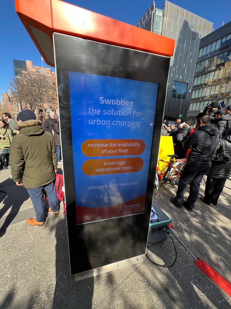 Officials announce the opening of NYC's first public e-bike charging station in Manhattan's East Village on Feb. 29, 2024.
