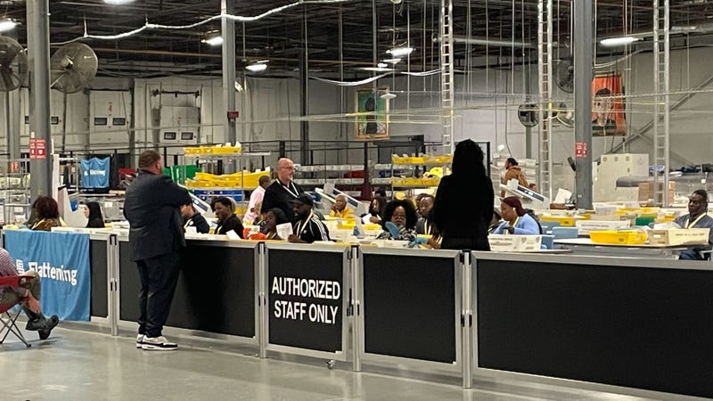 Election workers process ballots in Philadelphia on Nov. 5, 2024.