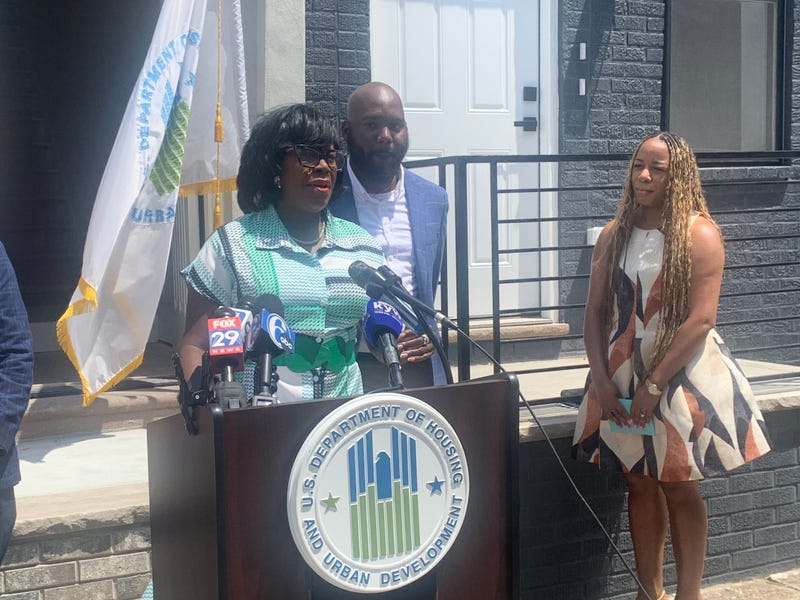 Mayor Cherelle Parker announced the revival of a HUD mortgage program outside the home of Kasan and Ikea Simmons, who used the program to buy and renovate it.