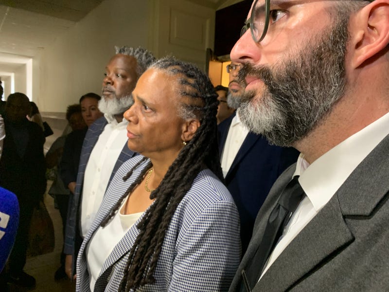 District Council 47 Union President April Gigetts surrounded by other union officials on Friday, July 12, 2024.