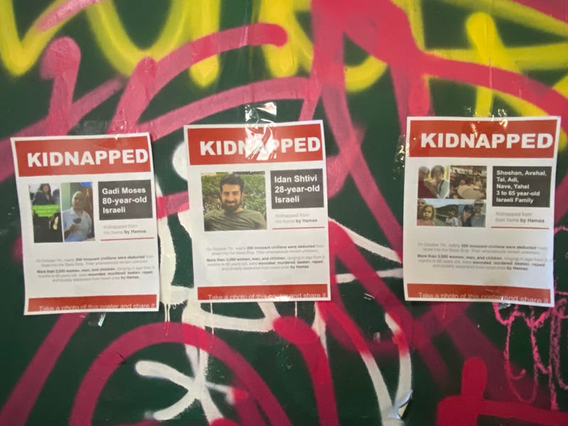 Posters in SoHo on Oct. 11 2023 display Israelis abducted by Hamas during its terror attack. 