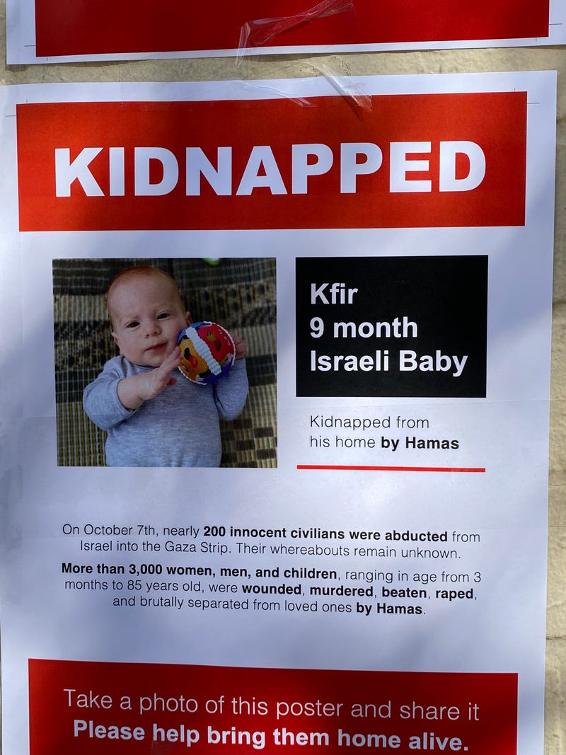 A poster on the Upper West Side shows a baby missing after Hamas' terror attack in Israel.