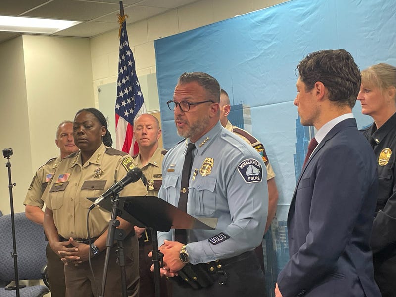 Hennepin County Sheriff Dawanna Witt (left), Minneapolis Police Chief Brian O'Hara (center) and Minneapolis Mayor Jacob Frey (right). Minneapolis is boosting summer safety efforts amid a violent start to the season.