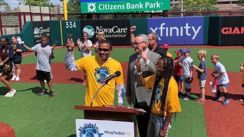 School District of Philadelphia Superintendent Tony Watlington, Mayor Jim Kenney and Board of Education member Sarah-Ashley Andrews at the Ring The Bell PHL school event at Citizens Bank Park on Wednesday.