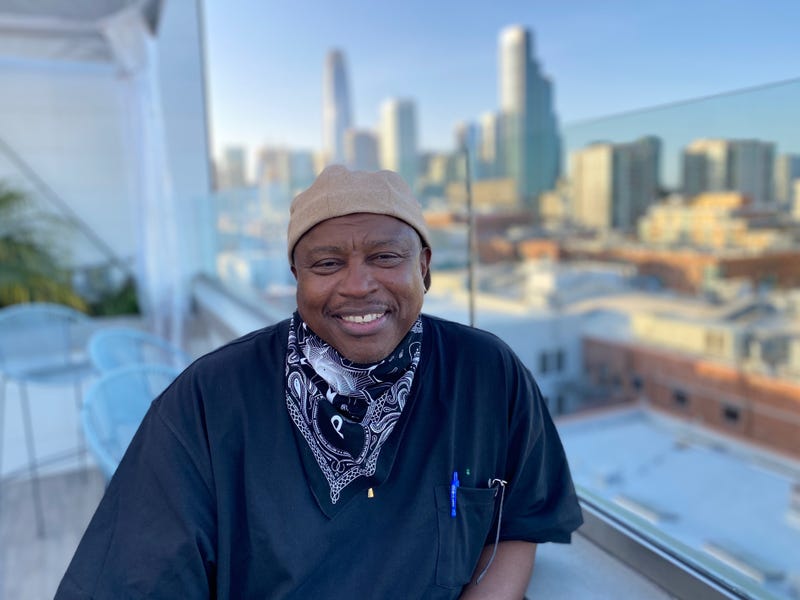 Aaron Taylor, a former inmate at San Quentin State Prison, prepares for his big night behind the microphone at Chase Center in San Francisco.