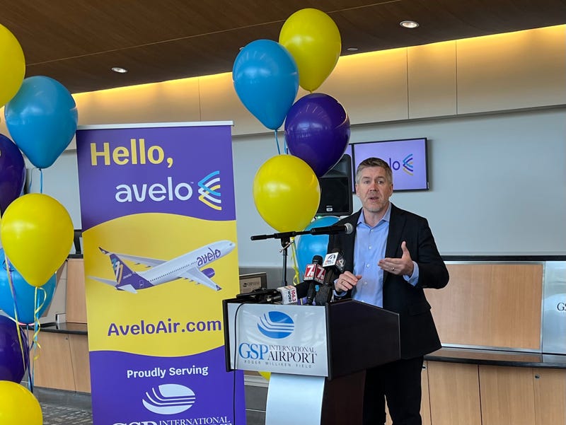 Avelo Airlines Head of Marketing Travis Christ speaking to the press about the new nonstop flights they will be offering at GSP starting this summer