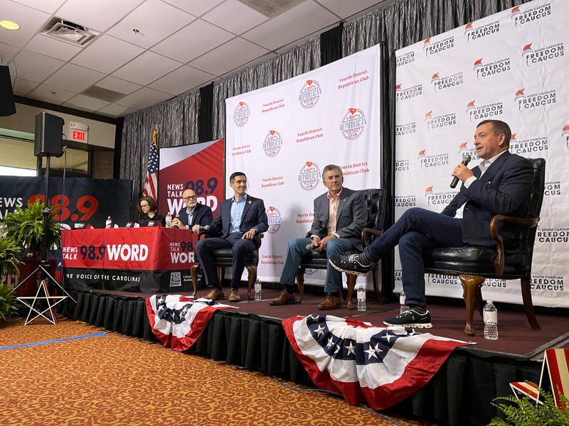 Tara and Charlie Moderate the Freedom Caucus Forum, Featuring (Left to Right) Adam Morgan, Jim DeMint, and Andy Roth
