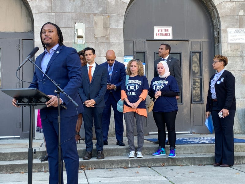 State Sen. Malcolm Kenyatta, D-Philadelphia, speaking at Roxborough High School after the announcement of $500,000 from the state to improve the school's security following a quintuple shooting last week.