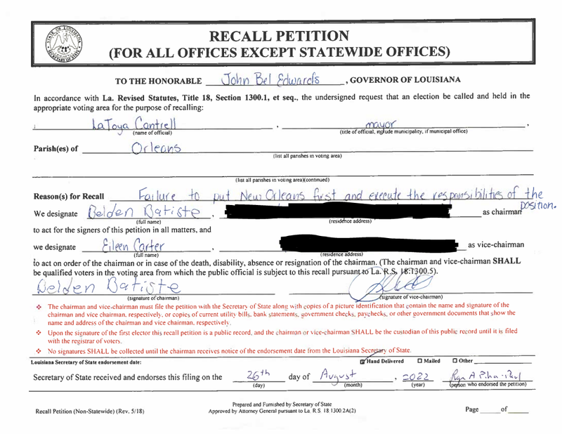 Image of recall petition for New Orleans Mayor LaToya Cantrell.