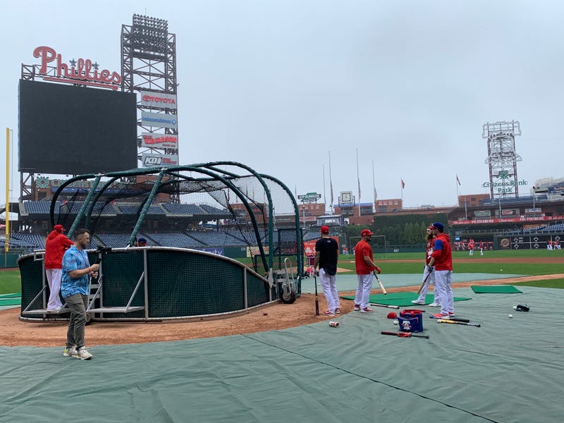Philadelphia Phillies players participate in the final day of workouts before traveling to Houston for the 2022 World Series.